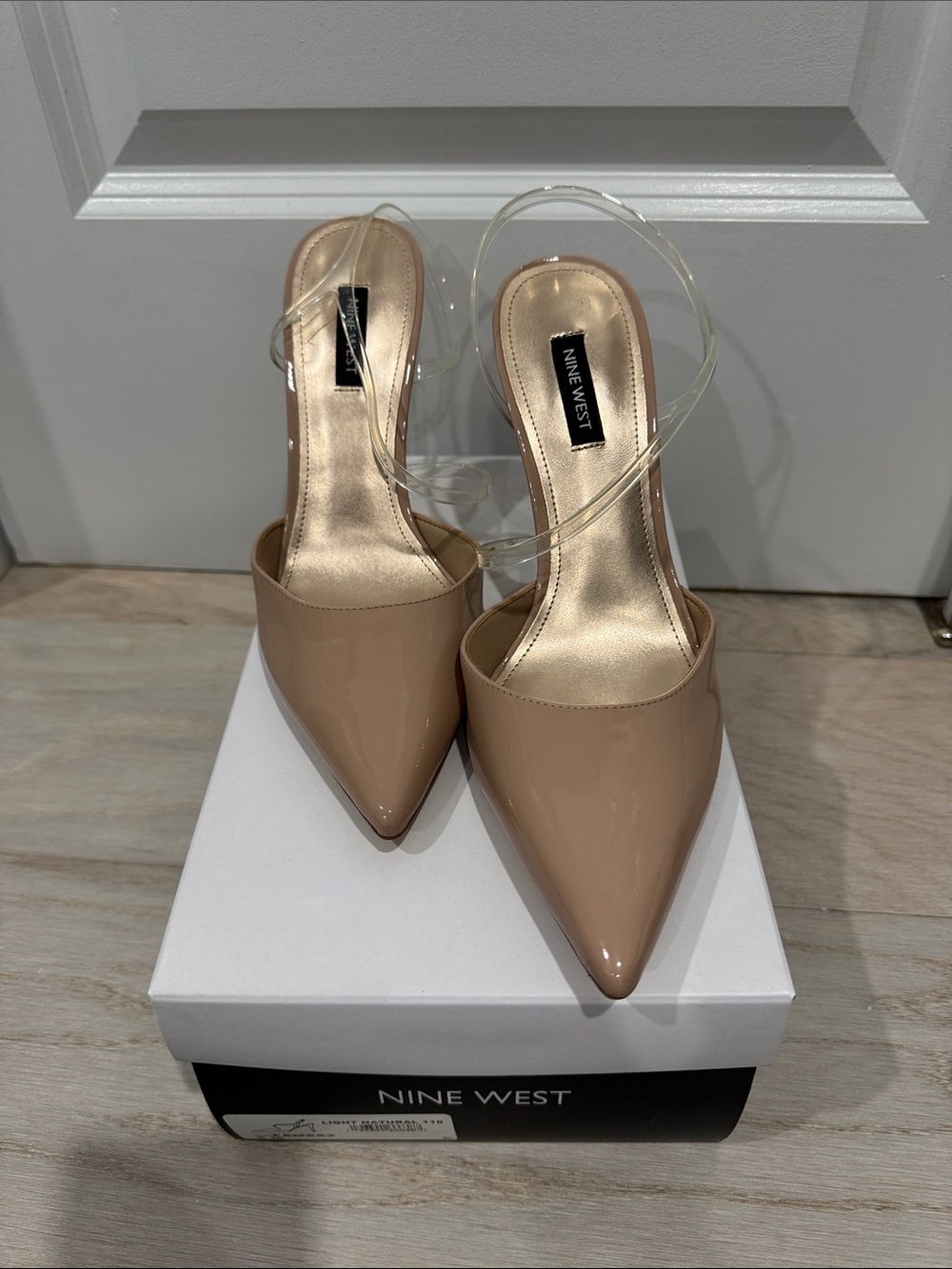Nine West Nude Patent Pointed Toe Clear Strap Mules
